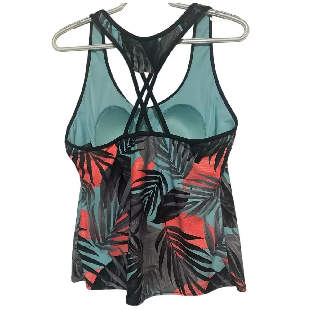 ZeroXposur Women's Black Blue Orange Tropical Tankini Razorback‎ Straps Size XL
